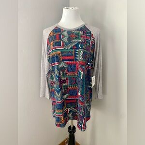 LuLaRoe Randy Tee Shirt NWT 3/4 Raglan Knit Sleeve Gray Multicolor Abstract